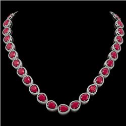 64.01 CTW Ruby & Diamond Halo Necklace 10K White Gold - REF-785M8H - 41189