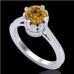 1.5 CTW Intense Fancy Yellow Diamond Engagement Art Deco Ring 18K White Gold - REF-209K3W - 37350