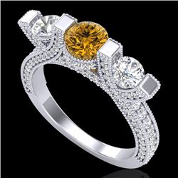 2.3 CTW Intense Fancy Yellow Diamond Micro Pave 3 Stone Ring 18K White Gold - REF-236Y4K - 37644