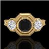 Image 2 : 1.05 CTW Fancy Black Diamond Solitaire Art Deco 3 Stone Ring 18K Yellow Gold - REF-132X8T - 37949