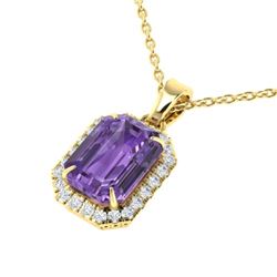 5 CTW Amethyst & Micro Pave VS/SI Diamond Halo Necklace 18K Yellow Gold - REF-50W9F - 21351
