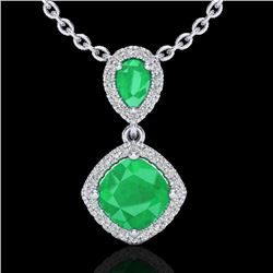 3.50 CTW Emerald & Micro VS/SI Diamond Necklace Designer Halo 10K White Gold - REF-63A6X - 20544