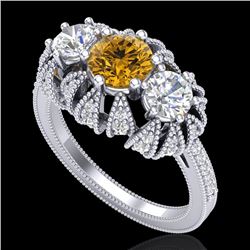 2.26 CTW Intense Fancy Yellow Diamond Art Deco 3 Stone Ring 18K White Gold - REF-254A5X - 37749