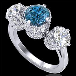 3.06 CTW Fancy Intense Blue Diamond Art Deco 3 Stone Ring 18K White Gold - REF-390Y9K - 37390