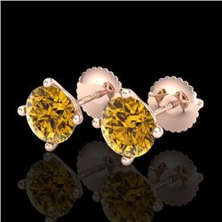 2 CTW Intense Fancy Yellow Diamond Art Deco Stud Earrings 18K Rose Gold - REF-272A8X - 38247