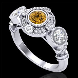 1.51 CTW Intense Fancy Yellow Diamond Art Deco 3 Stone Ring 18K White Gold - REF-218K2W - 37714