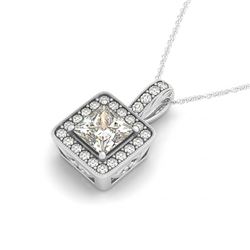 1.5 CTW Princess VS/SI Diamond Solitaire Halo Necklace 14K White Gold - REF-449A5X - 30019