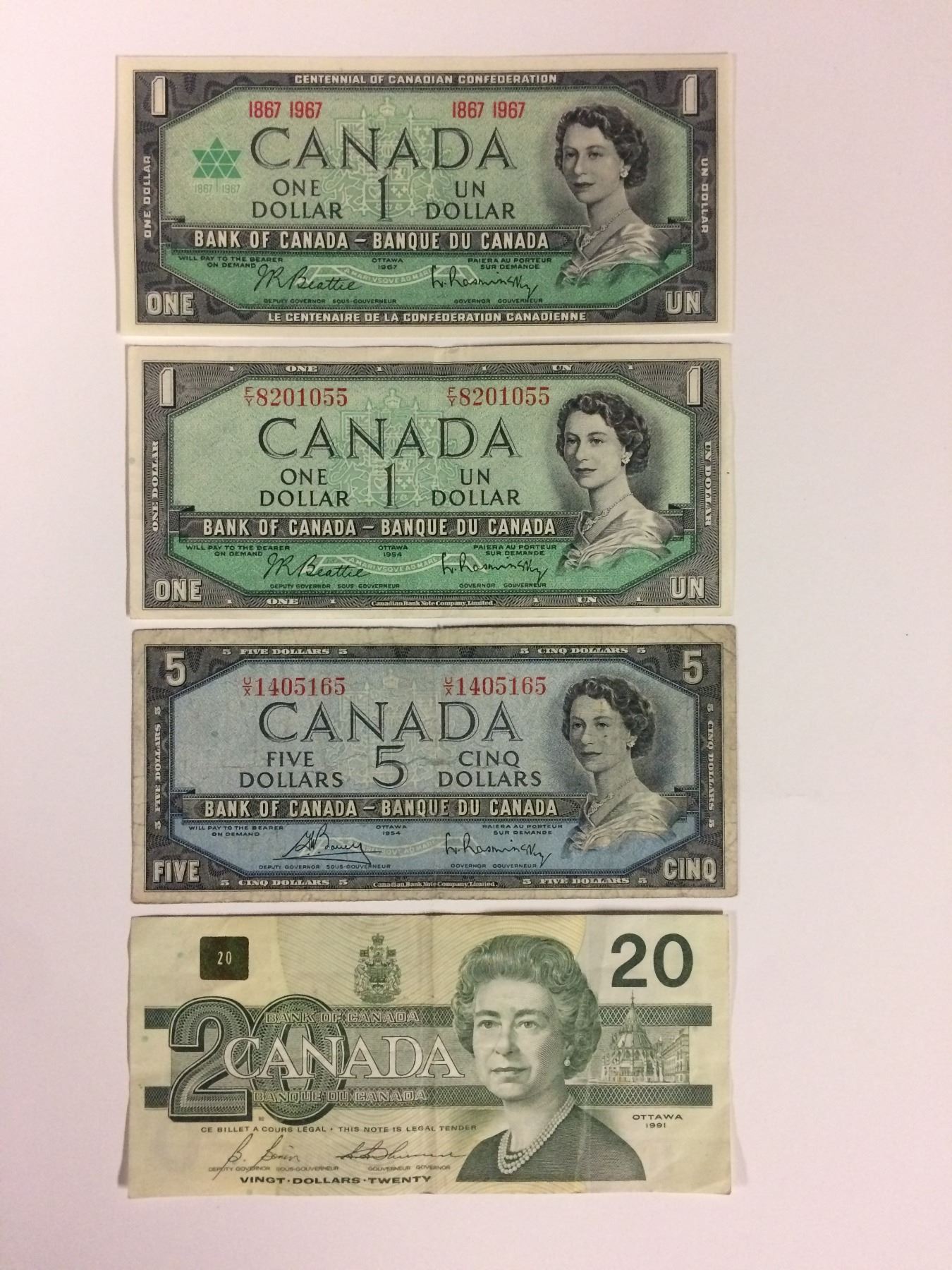CANADIAN BANK NOTE LOT (1967 $1, 1954 $1, 1954 $5, 1991 $20)