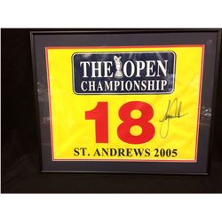 TIGER WOODS AUTOGRAPHED "ST. ANDREWS 2005" GOLF FLAG FRAMED 20" X 16"