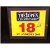Image 1 : TIGER WOODS AUTOGRAPHED "ST. ANDREWS 2005" GOLF FLAG FRAMED 20" X 16"