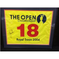 TIGER WOODS AUTOGRAPHED "ROYAL TROON 2004" GOLF FLAG FRAMED 20" X 16"