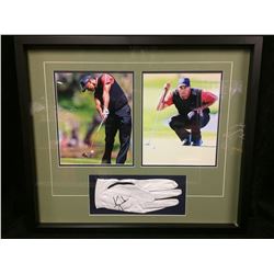 TIGER WOODS AUTOGRAPHED GOLF GLOVE 24" X 20" FRAMED DISPLAY W/ 2 PHOTOS (SCHWARTZ COA)