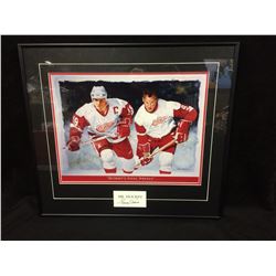 GORDIE HOWE AUTOGRAPHED INDEX CARD "DETROIT'S STEEL WHEELS" 18" X 16" FRAMED PRINT