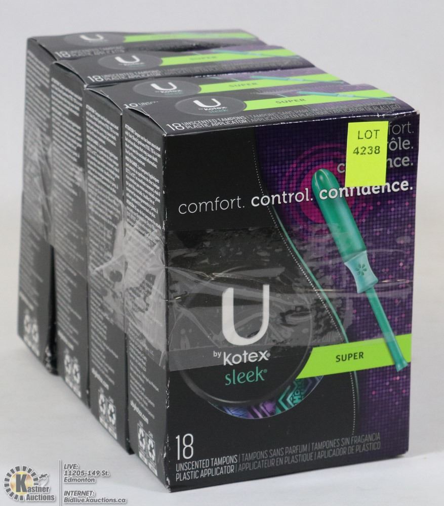 4 BOXES OF U BY KOTEX SUPER TAMPONS 18 PER BOX