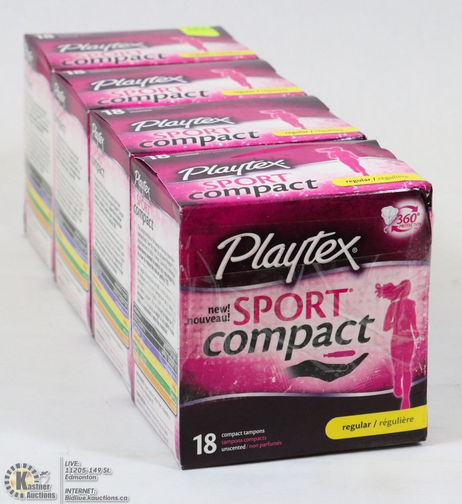 4 BOXES OF PLAYTEX SPORT COMPACT REGULAR TAMPONS