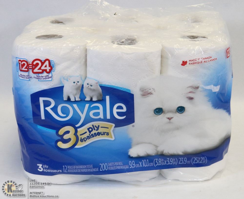 PACKAGE OF 12 ROYAL 3 PLY DOUBLE ROLL TOILET PAPER