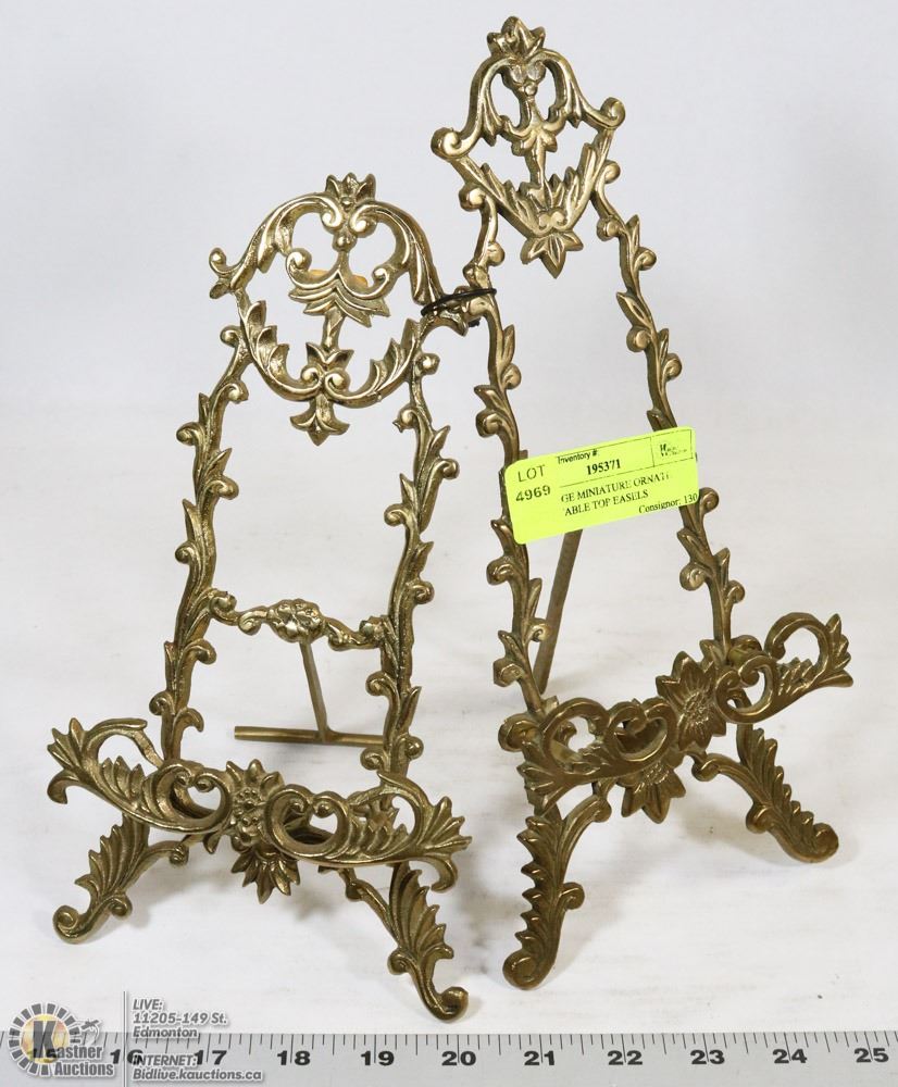 2 VINTAGE MINIATURE ORNATE BRASS TABLE TOP EASELS