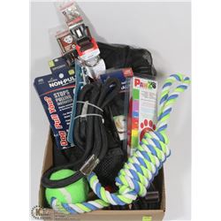 FLAT OF ASSORTED PET COLLARS, LEASHES AND TOYS