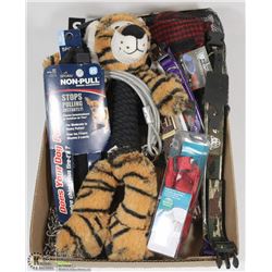 FLAT OF ASSORTED PET COLLARS, LEASHES AND TOYS