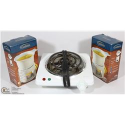BOX WITH ELECTRIC BURNER & 2 NEW BUTTER WARMERS