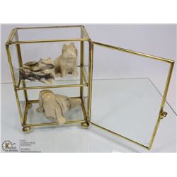 2 TIER GLASS DISPLAY CASE WITH ORNAMENTS.
