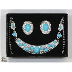 SILVERTONE TURQUOISE NECKLACE & EARRING SET.