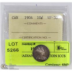1904 CANADIAN 10 CENT COIN ICCS VF30.