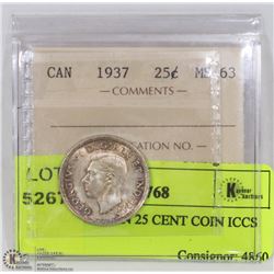 1937 CANADIAN 25 CENT COIN ICCS MS63.