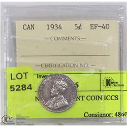 1934 CANADIAN 5 CENT COIN ICCS EF40.
