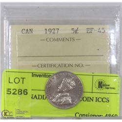 1927 CANADIAN 5 CENT COIN ICCS EF45.