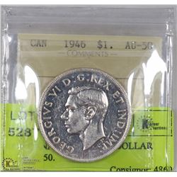 1946 CANADIAN SILVER DOLLAR ICCS AU50.