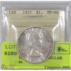 1957 CANADIAN SILVER DOLLAR ICCS MS64.