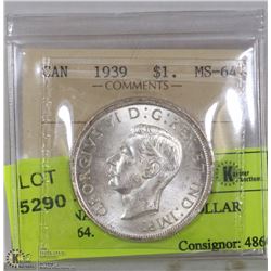 1939 CANADIAN SILVER DOLLAR ICCS MS64.