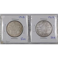 SET OF 2 CANADIAN SILVER 50 CENTS 1918 & 1919.