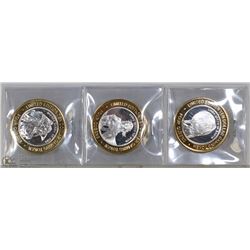SET OF 3 - $10 VEGAS SILVER STRIKE GAMING TOKENS.