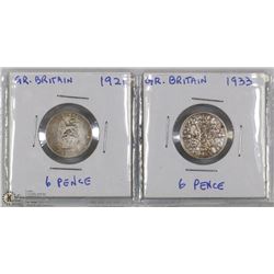 SET OF 2 GREAT BRITAIN 6 PENCE SILVER COINS.