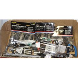 FLAT OF ASSORTED NEW WRENCHES + SOCKET DRIVES +