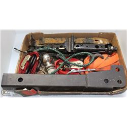ESTATE FLAT OF STRAPS, BUNGEES, BALL HITCH, TIRE