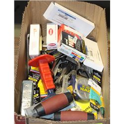 BOX WITH ASSORTED ITEMS INCL NEW TAPE MEASURE,