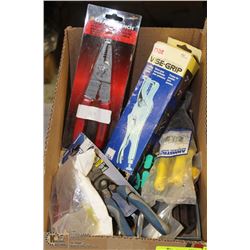 BOX WITH SNIPS, PLIERS, WIRE STRIPPERS, VISE GRIPS