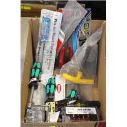 BOX WITH PLIERS, SCREW DRIVERS, SOCKET DRIVERS, &