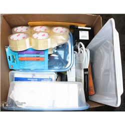 BOX OF OFFICE SUPPLIES INCLUDING PACKING