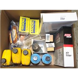 BOX WITH OIL AND ASSORTED AUTOMOTIVE FILTERS