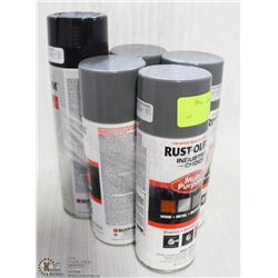 FIVE CANS OF BLACK AND GREY RUST PAINT