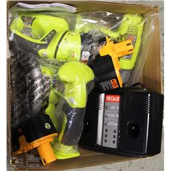 RYOBI 18 VOLT CORDLESS TOOL SET, INCL DRILL,