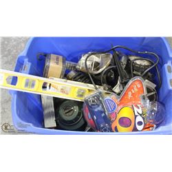 TOTE OF ASSORTED TOOLS, CAMPING ITEMS AND MORE