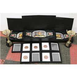 3 CHAMPIONSHIP BELTS / 2 CUPS AND 5 PICTURE FRAMES