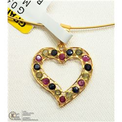 3) 18KT GOLD HEART PENDANT W/ SAPPHIRES & RUBIES
