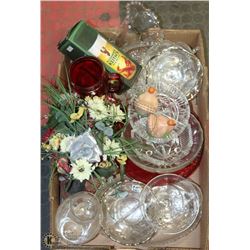 FLAT OF MISC INCL SERVING DISHES, VASES, CANDY