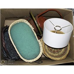 BOX OF BASKETS AND LAMP SHADES